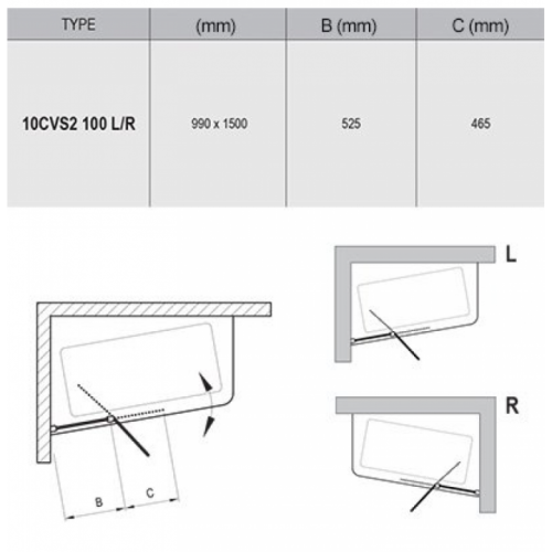 Штори для ванни Ravak 10CVS2-100 L white+Transparent 990 x 1500, 7QLA0103Z1