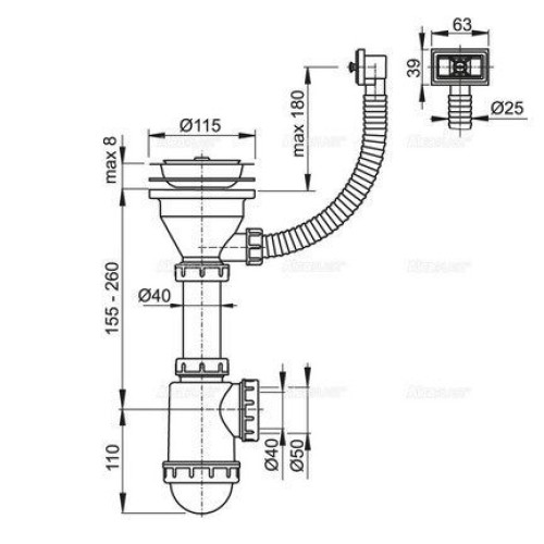 Сифон Alcaplast A447-DN50/40 для мойки с нержавеющей решёткой d115 и гофропереливом