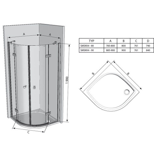 Душова штора Ravak SMARTLINE SMSKK 4 - 90 Transparent, безпечне скло, профіль хром