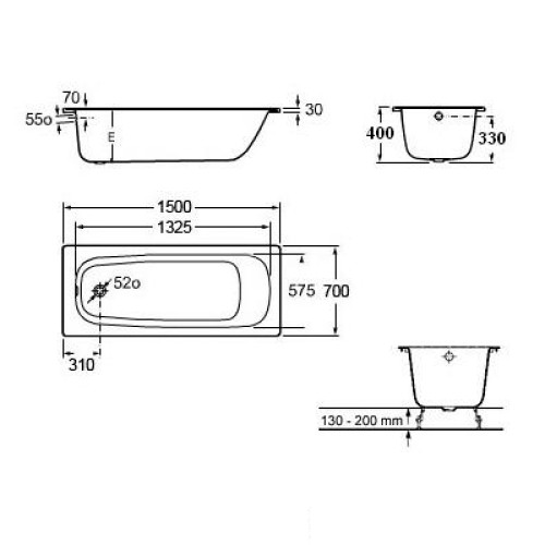 Ванна сталева ROCA CONTESA 150x70см, прямокутна, з ніжками A236060000+A291021000