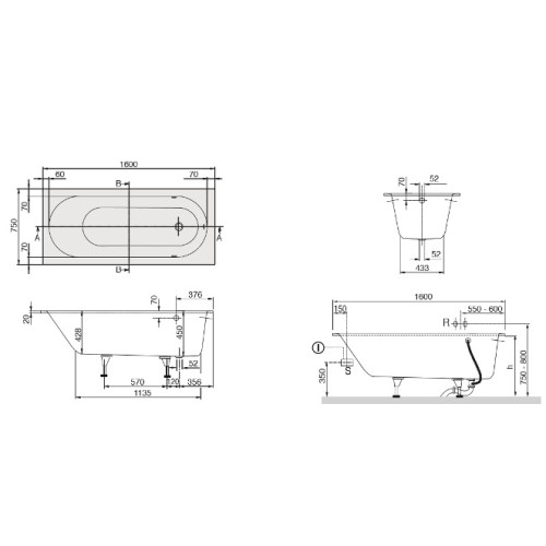 Ванна квариловая VILLEROY&BOCH OBERON 160x75 см+ ножки UBQ160OBE2V-01