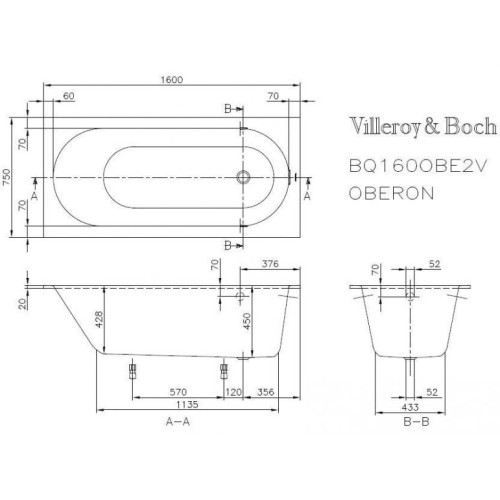 Ванна квариловая VILLEROY&BOCH OBERON 160x75 см+ ножки UBQ160OBE2V-01