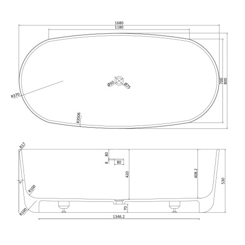 Ванна отдельностоящая VOLLE SOLID surface 168x80x53 см, овальная каменная, 12-40-036