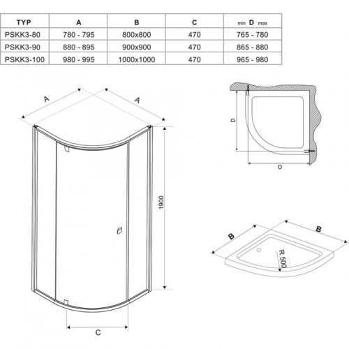Кутова душова кабіна Ravak PIVOT PSKK 3 - 90 Transparent, скло,білий профіль, 37677101Z1