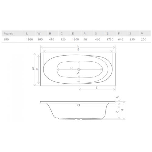 Ванна RADAWAY Dia 180x80 с ножками, WA1-05-180x080US