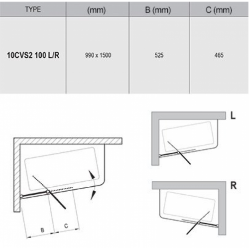 Штори для ванни Ravak 10CVS2-100 L bright alu+Transparent 990 x 1500, 7QLA0C03Z1