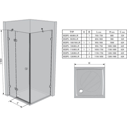 Душова штора Ravak BRILLIANT BSDPS - 120x80 L Transparent, хром, безпечне скло, 0ULG4A00Z1