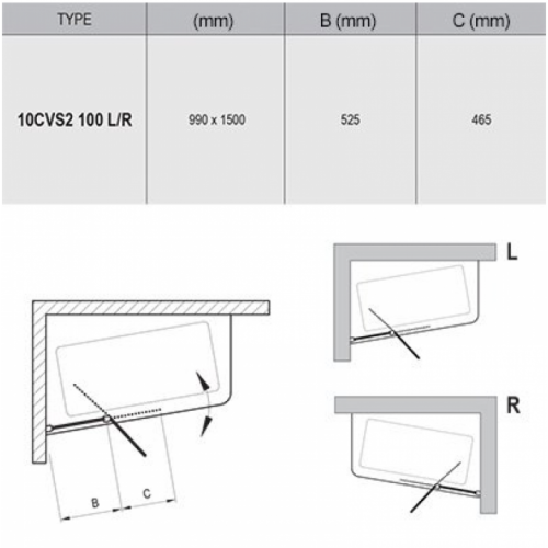 Штори для ванни Ravak 10CVS2-100 R white+Transparent 990 x 1500, 7QRA0103Z1
