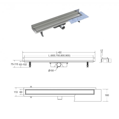 Лінійний душовий трап BESCO Virgo Next Duo 70 OL-70-VND