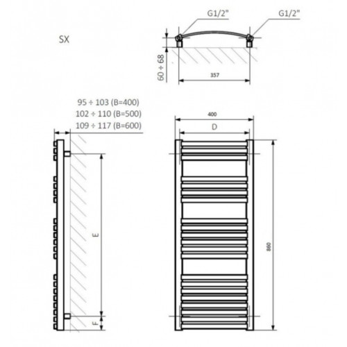 Рушникосушка Terma Dexter 860x400 WGDEX086040KCROSX