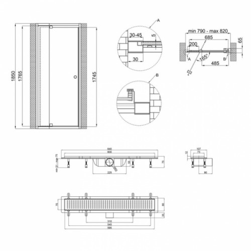 Набор Qtap дверь в нишу Pisces WHI208-9.CP5 79-92х185 см, стекло Pattern 5 мм + трап линейный Qtap Dry FB304-600 с сухим затвором и нержавеющей решеткой 600х73 мм QTDRYFB304600PISW