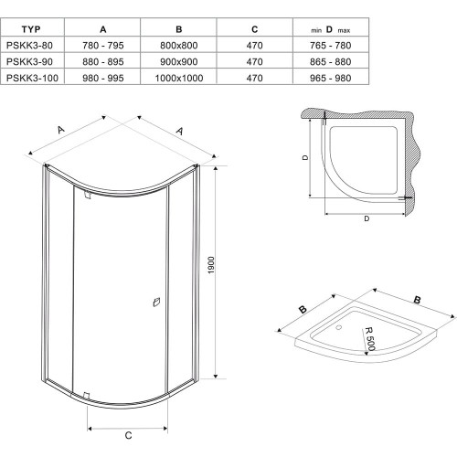 Душова штора Ravak PIVOT PSKK 3 - 100 Transparent, кутова, скло, білий профіль та ручка, 376AA101Z1