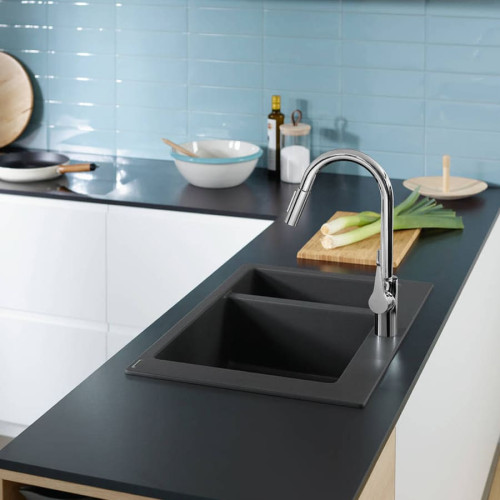 Кухонная мойка Hansgrohe S510-F635 77х51 на две чаши 18/45 Graphiteblack Silicatec, 43315170