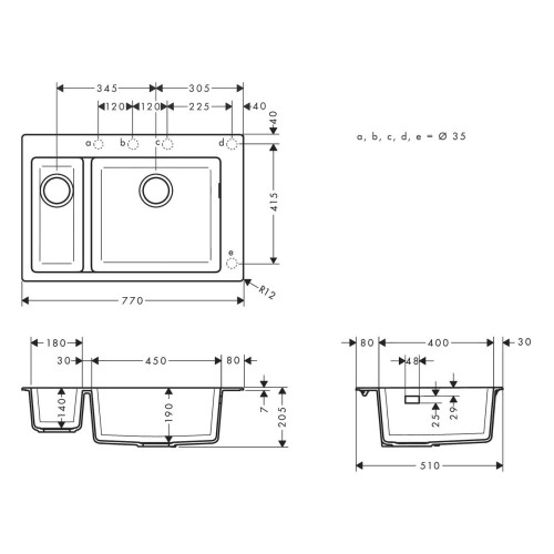 Кухонная мойка Hansgrohe S510-F635 77х51 на две чаши 18/45 Graphiteblack Silicatec, 43315170