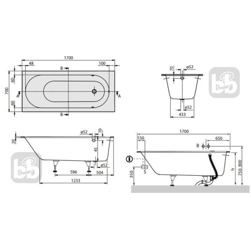 Ванна квариловая VILLEROY&BOCH OBERON 170x70 см + ножки UBQ177OBE2V-01
